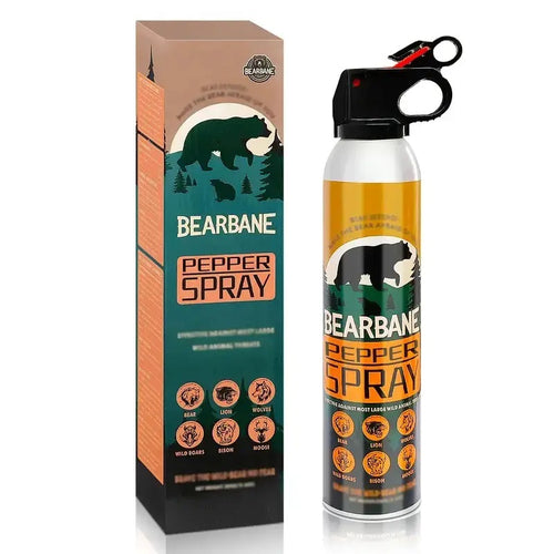 BEARBANE bear spray canister with finger-loop handle and safety clip.
