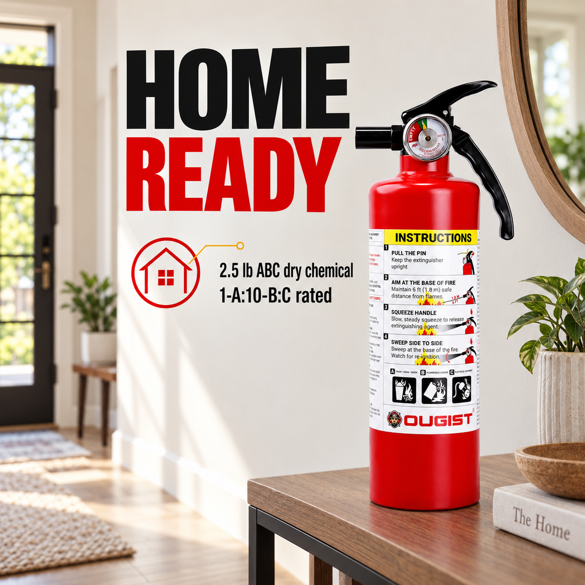 OUGIST 2.5 lb ABC fire extinguisher placed visibly in a home entry.