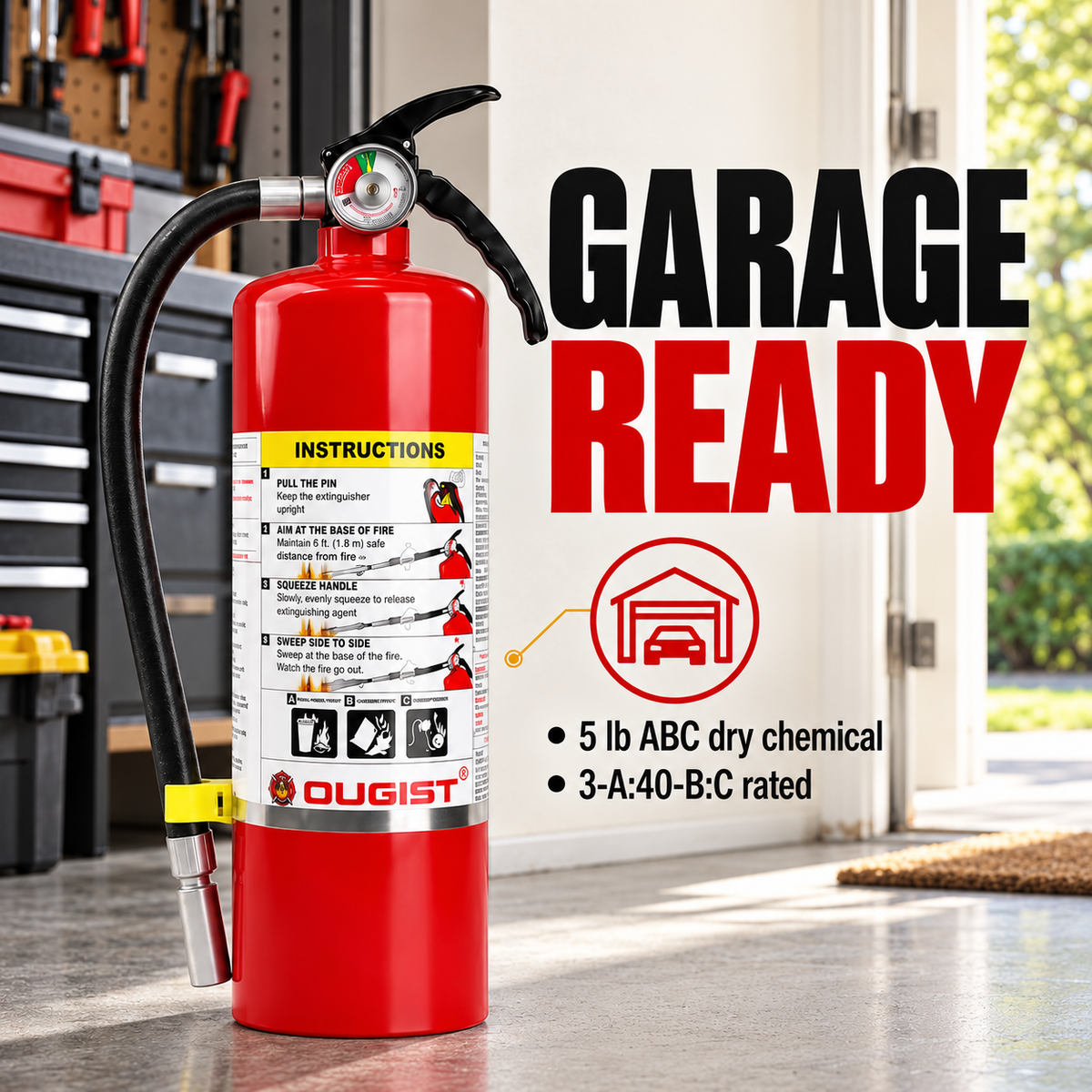 OUGIST 5 lb ABC fire extinguisher placed visibly in a home garage.