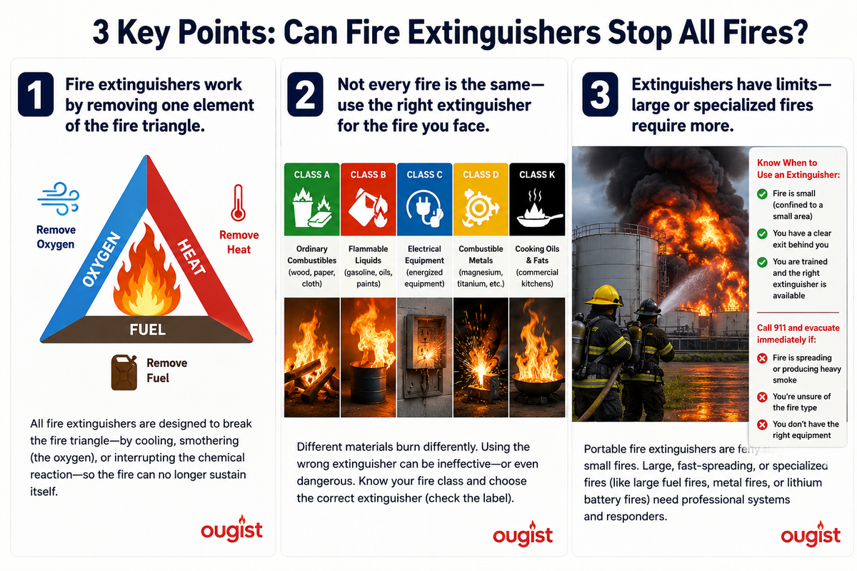 Infographic showing the fire triangle, different fire types, and extinguisher limits