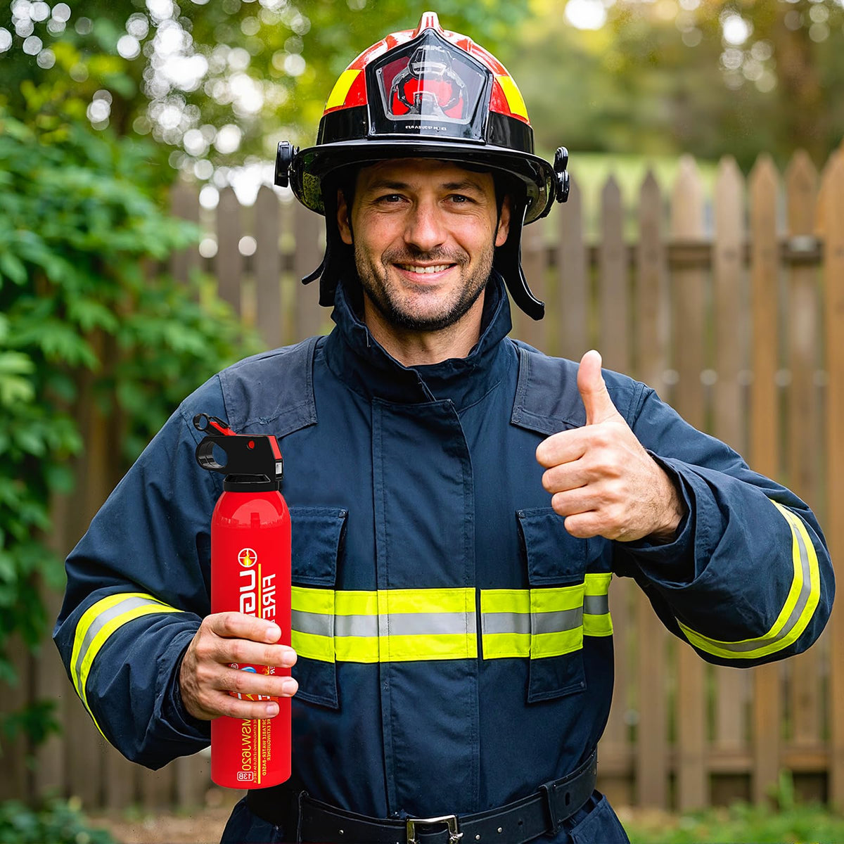Person in firefighter gear holding a portable red extinguisher and giving a thumbs-up