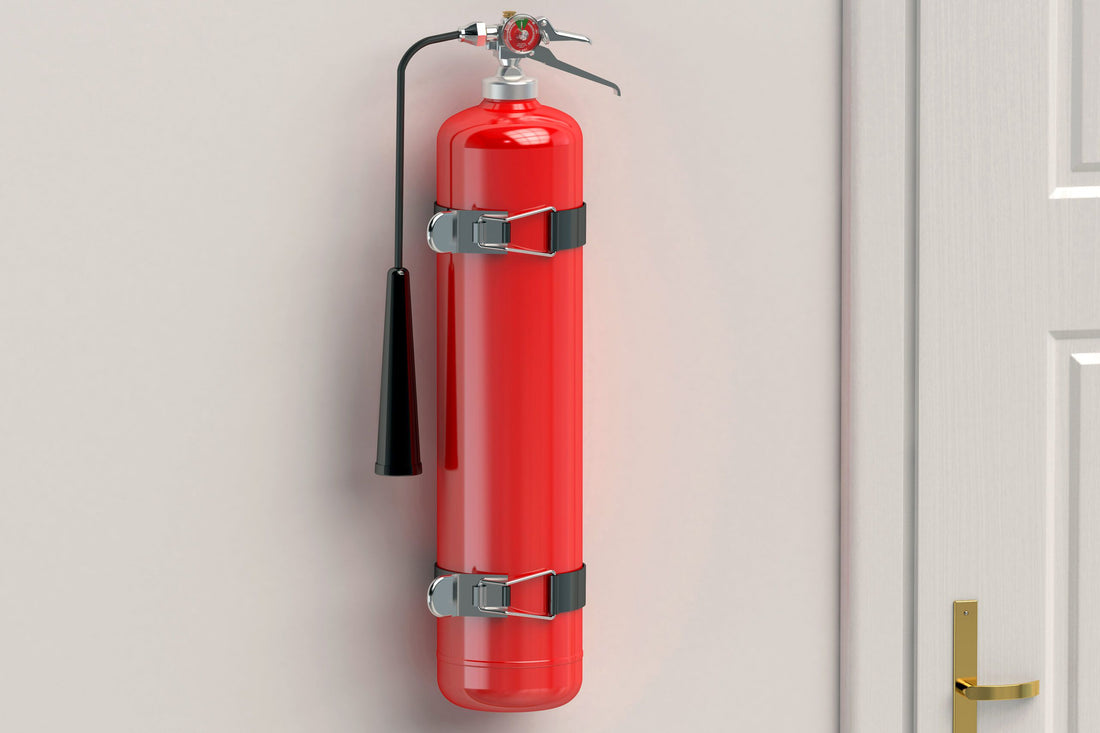 The fire extinguisher is mounted on the wall