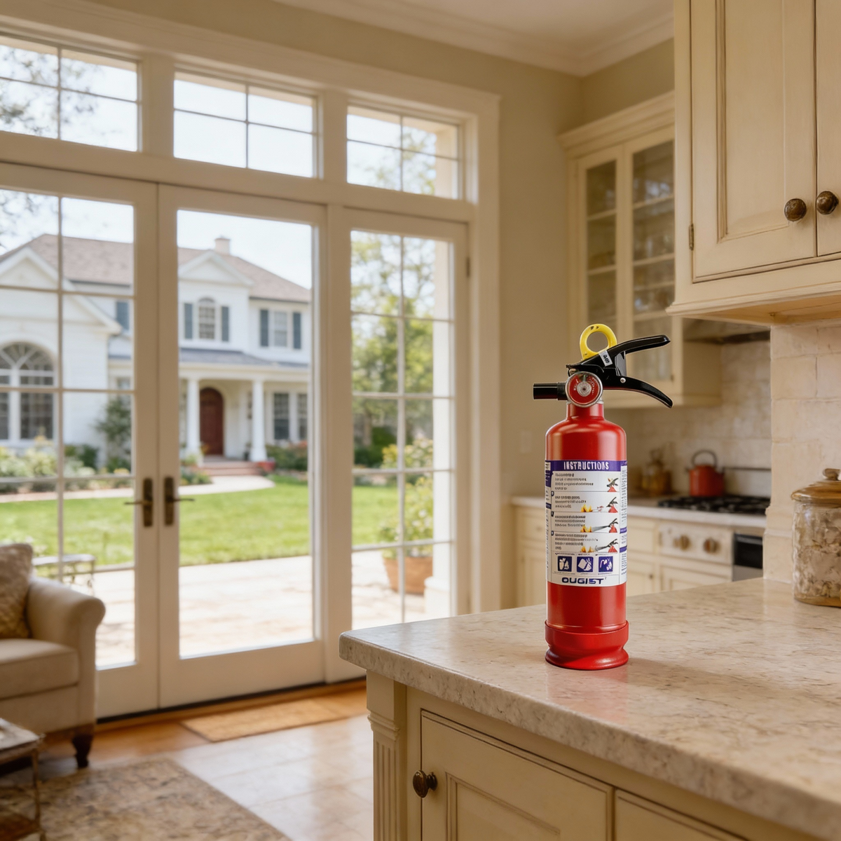 Red fire extinguisher standing on a kitchen counter near the stove
