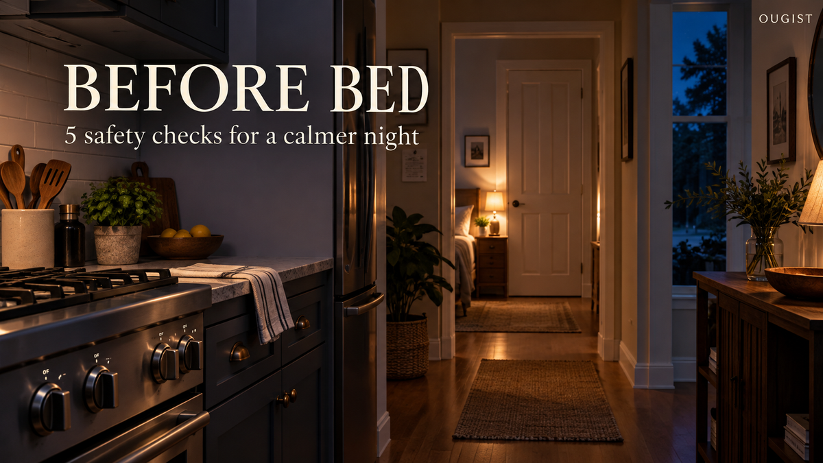 Warm nighttime kitchen and clear hallway with the headline Before Bed: 5 safety checks for a calmer night.