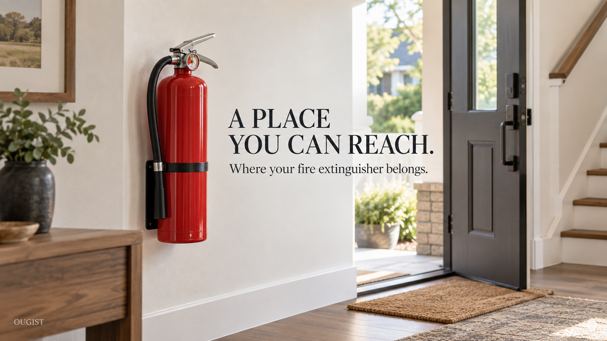 A red fire extinguisher secured beside a clear home exit with the headline A Place You Can Reach.