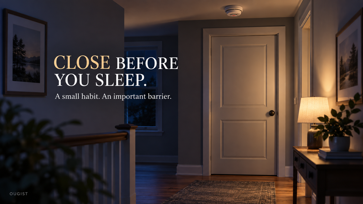 Closed bedroom door under a smoke alarm in a calm nighttime hallway, with the headline Close Before You Sleep.