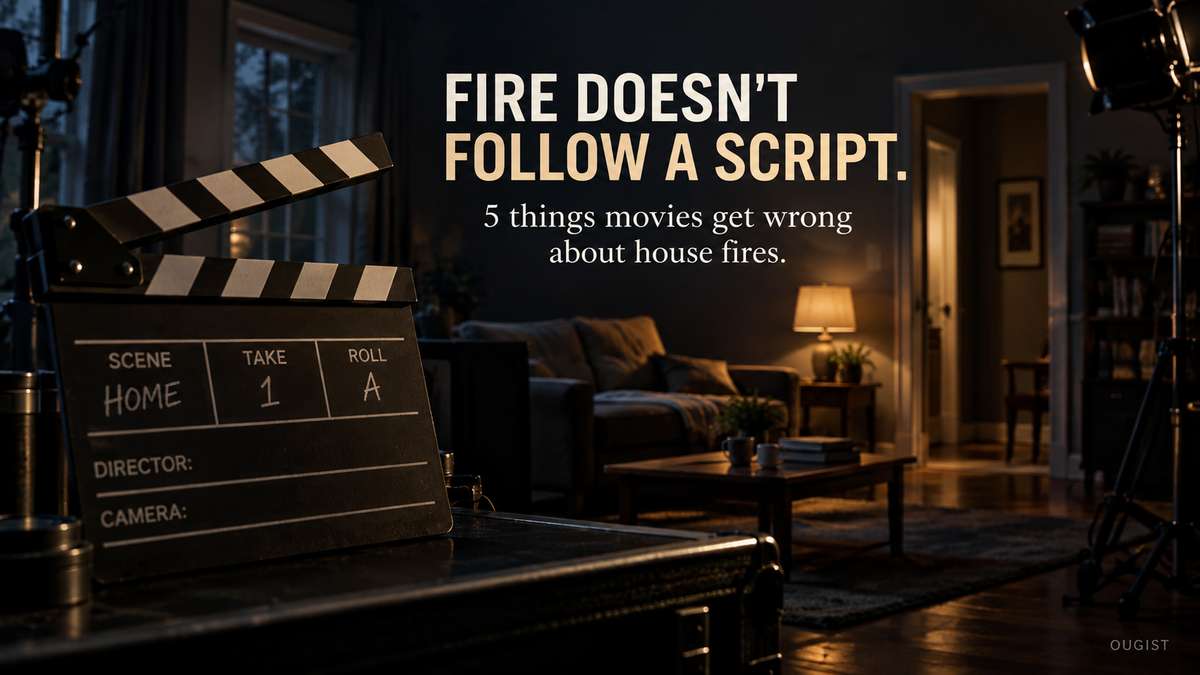 Cinema clapperboard in front of a dim home set with the headline Fire Doesn’t Follow a Script.