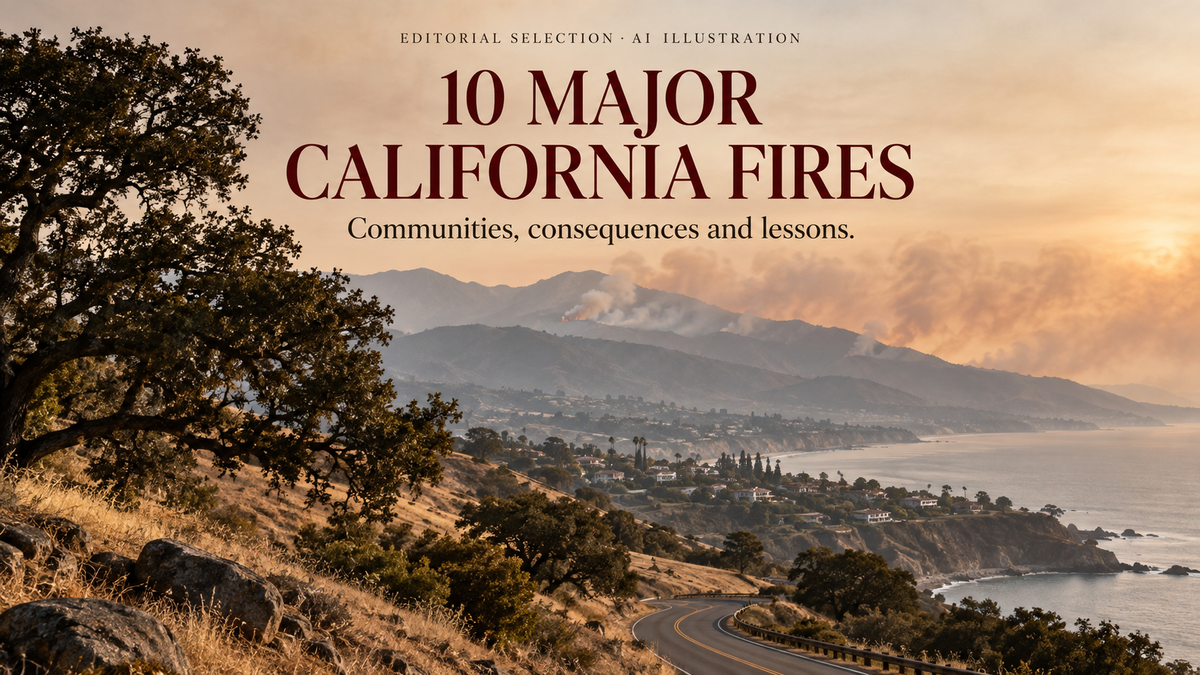 California foothill and coastal landscape under the headline 10 Major California Fires and an AI illustration label.