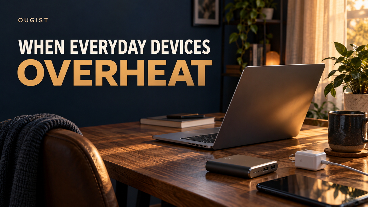 A laptop, power bank and charging adapter on an uncovered desk introduce everyday-device overheating precautions.