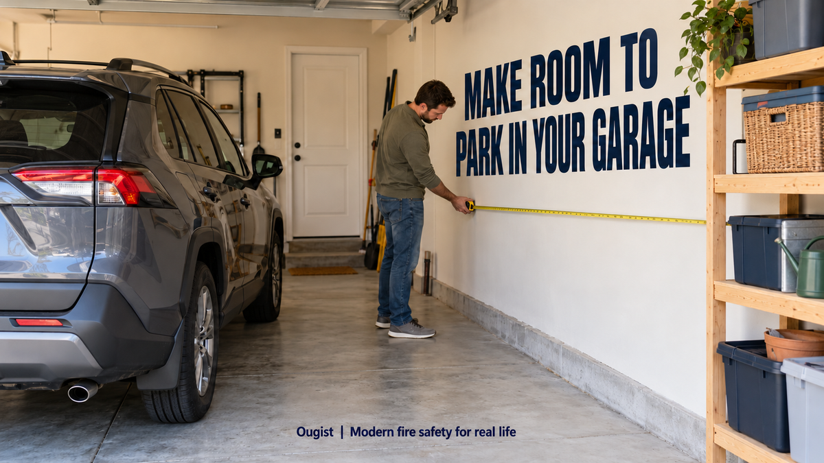 A homeowner measures clear space beside a parked SUV and wall storage in an organized home garage.