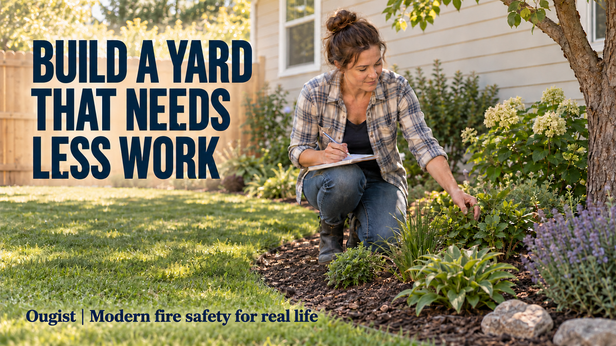A homeowner plans a simple yard with a usable lawn and a consolidated mulched planting bed.
