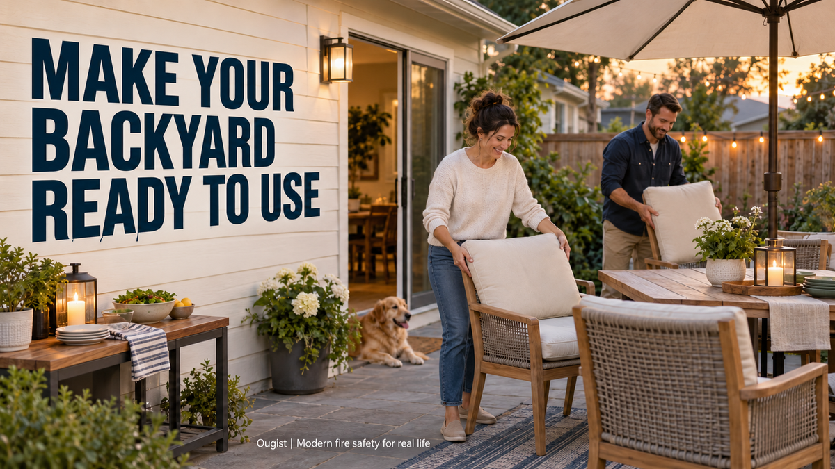 Two adults prepare patio seating and a clear walking route for a relaxed evening outside.