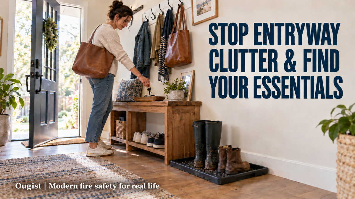 An entryway has reachable bag hooks, a key tray, daily shoe storage and a clear path to the door.