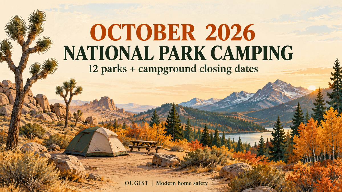 Illustrated October 2026 national park camping cover with a tent, desert rocks, autumn trees and mountains; 12 parks and campground closing dates.