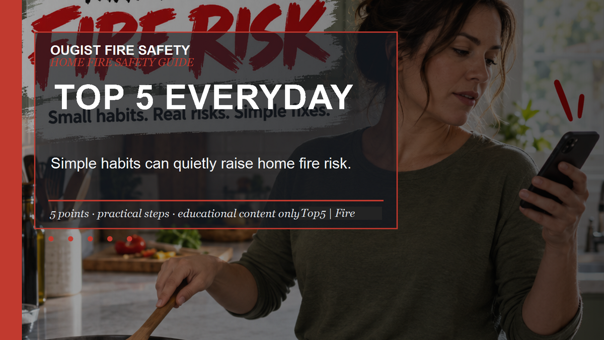 A woman looks at her phone while cooking at a stove, illustrating how distraction can increase home fire risk.