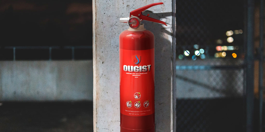 The fire extinguisher is mounted on the wall