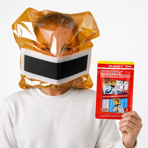 Person wearing an orange smoke escape hood beside its red package