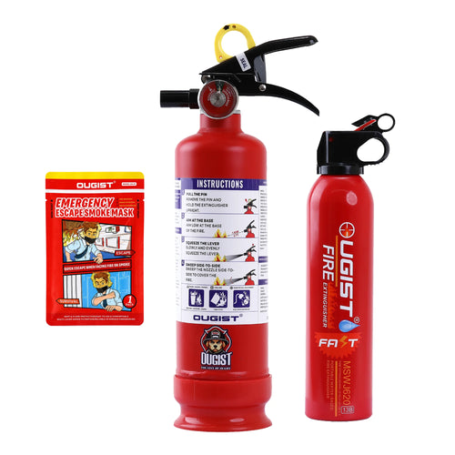 OUGIST commuter safety kit with red extinguisher, portable spray, and packaged smoke mask