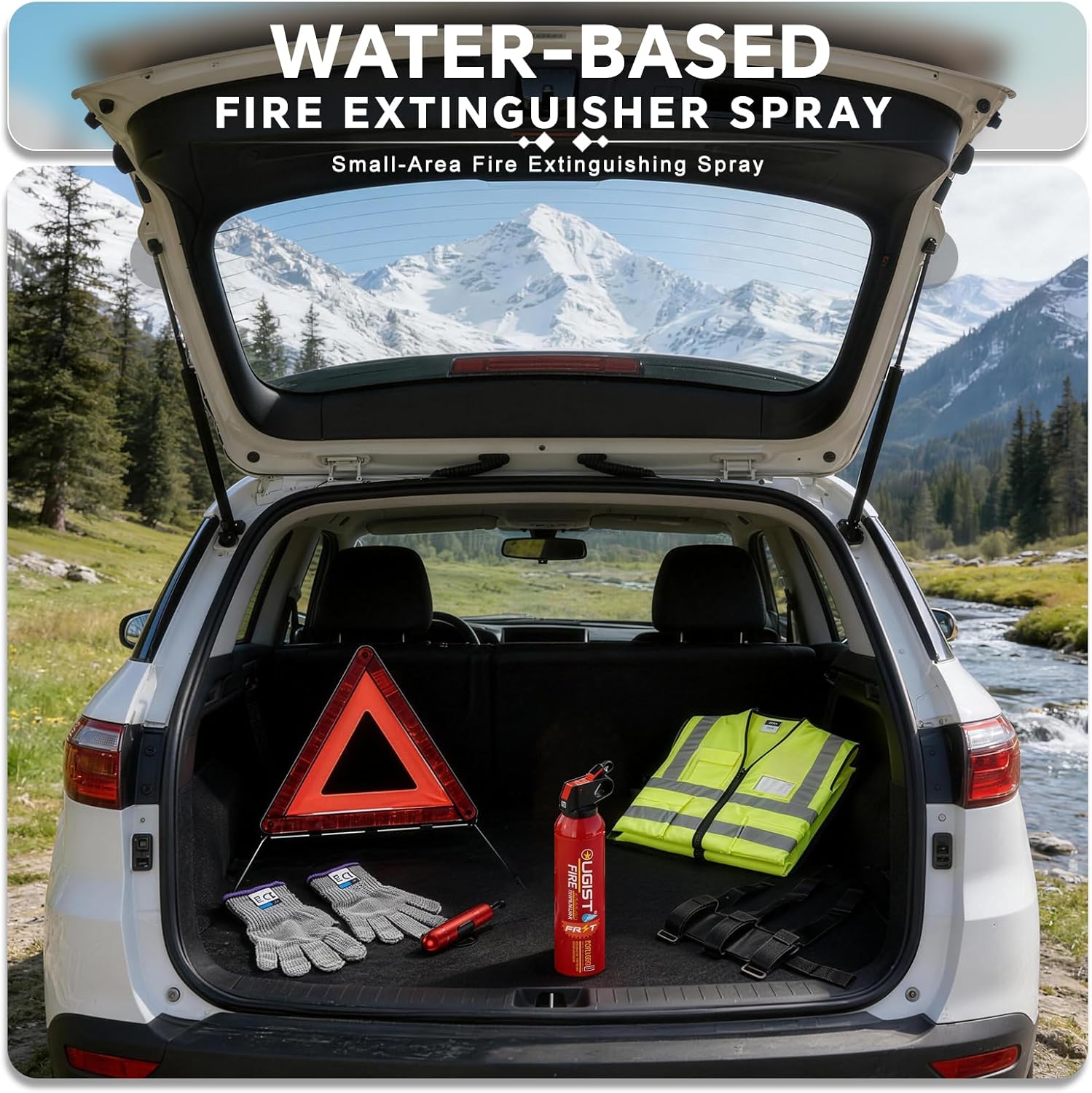 Roadside Safety Kit: Water Fire Extinguisher, Hammer, Vest, Gloves & Triangle