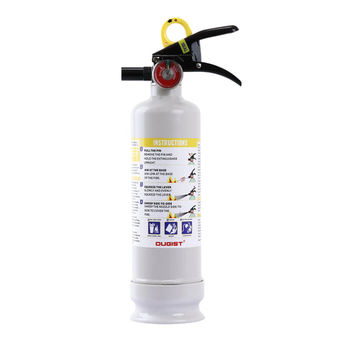 White OUGIST fire extinguisher with black handle and pressure gauge on a white background