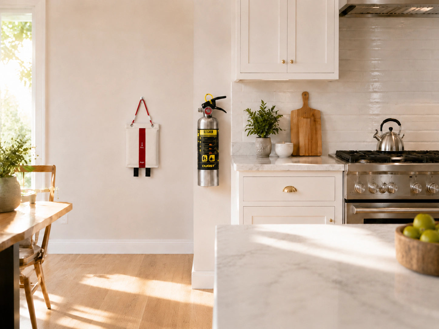 OUGIST fire safety products mounted in a bright modern kitchen