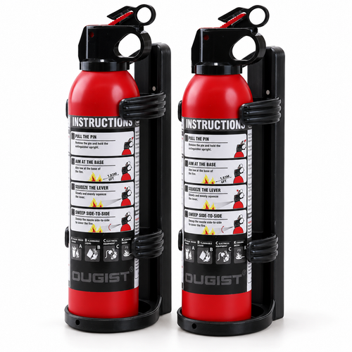 OUGIST portable ABC dry chemical fire spray, two canisters with two mounting brackets, compact white-background group