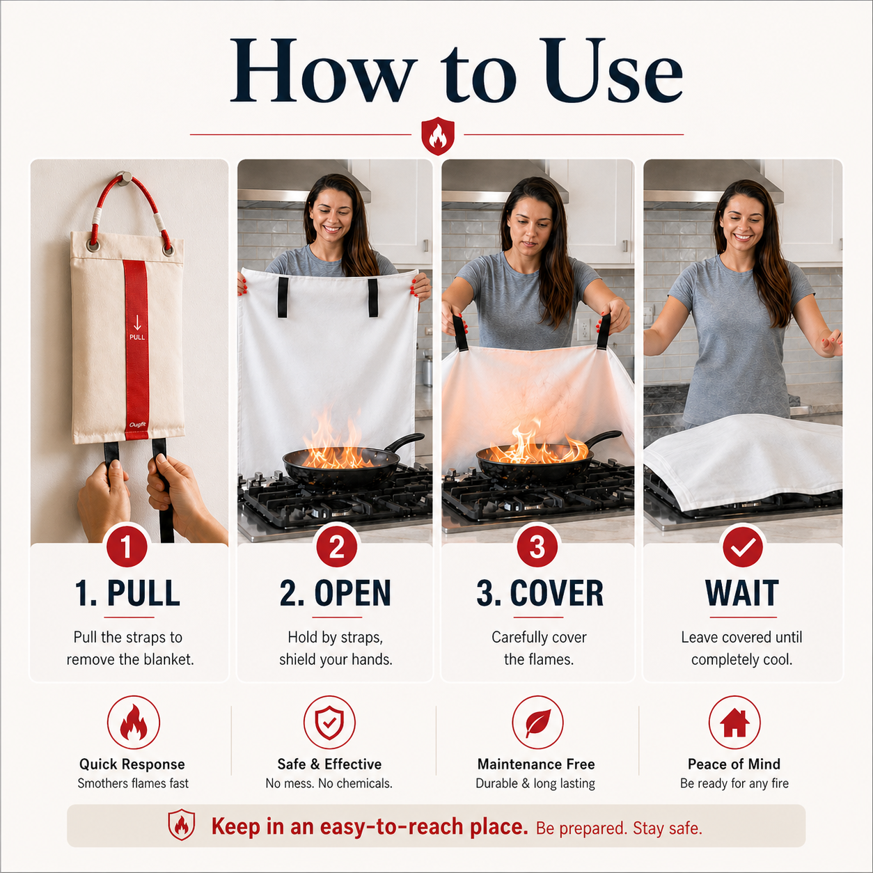 Ougist 40" x 40" Fire Blanket with Decorative Hanging Pouch – Compact Fiberglass Emergency Blanket for Kitchen, Home, Garage, Car & Camping