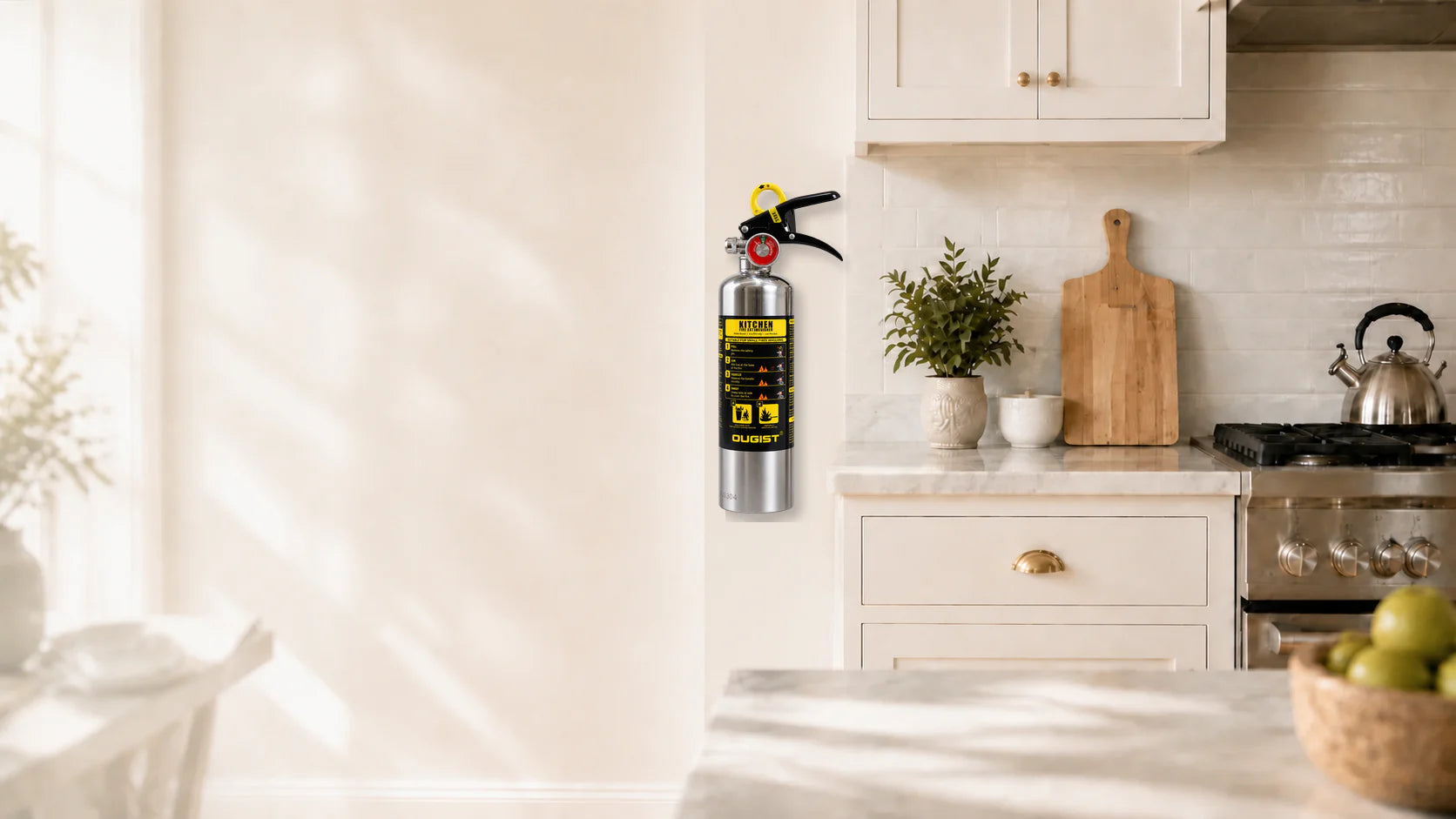 OUGIST Kitchen Shield Fire Extinguisher mounted in a modern kitchen