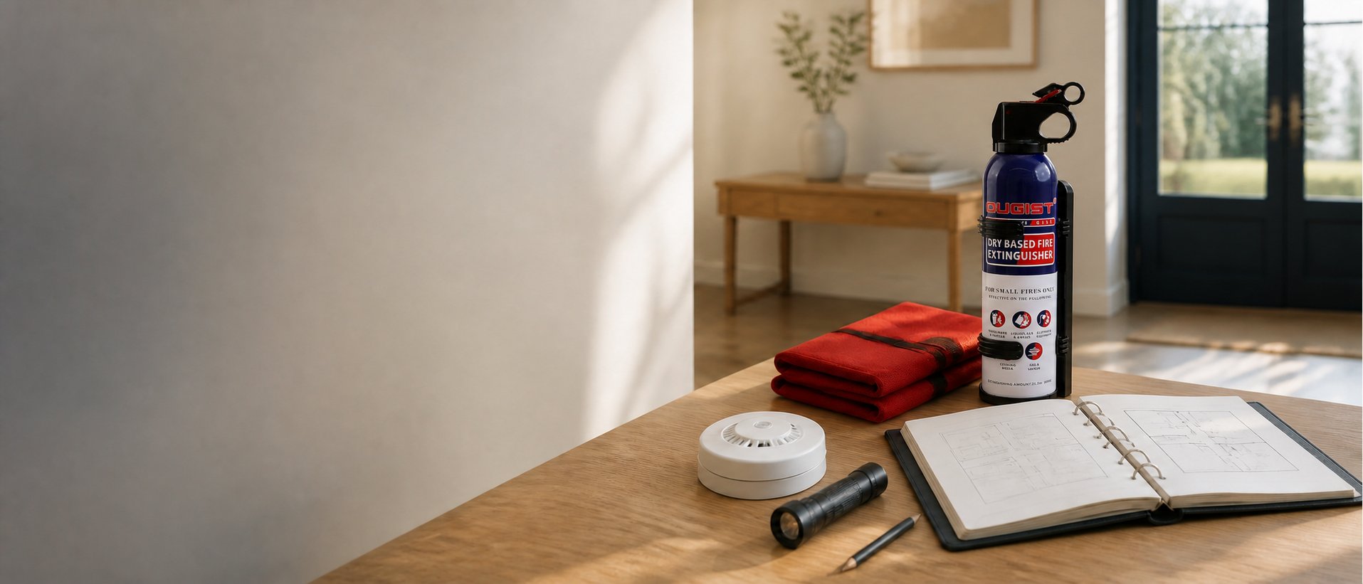 Home fire-safety planning with a fire extinguisher, fire blanket, smoke alarm and escape plan