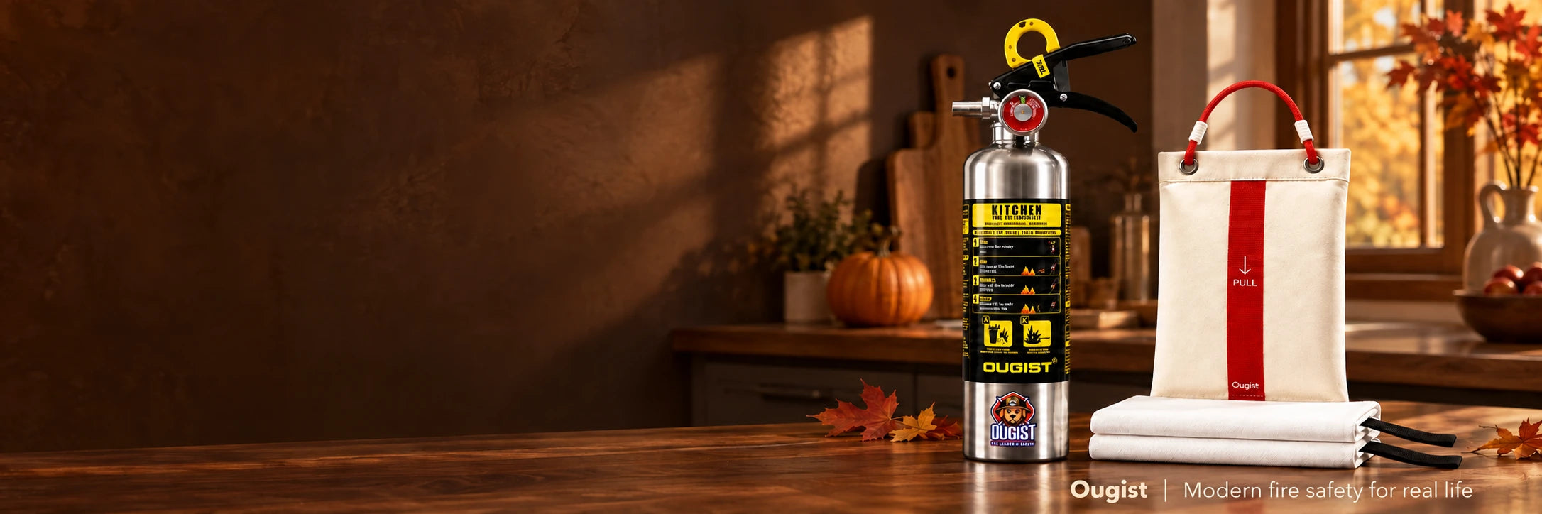 OUGIST kitchen fire extinguisher and canvas fire blanket in an autumn home setting